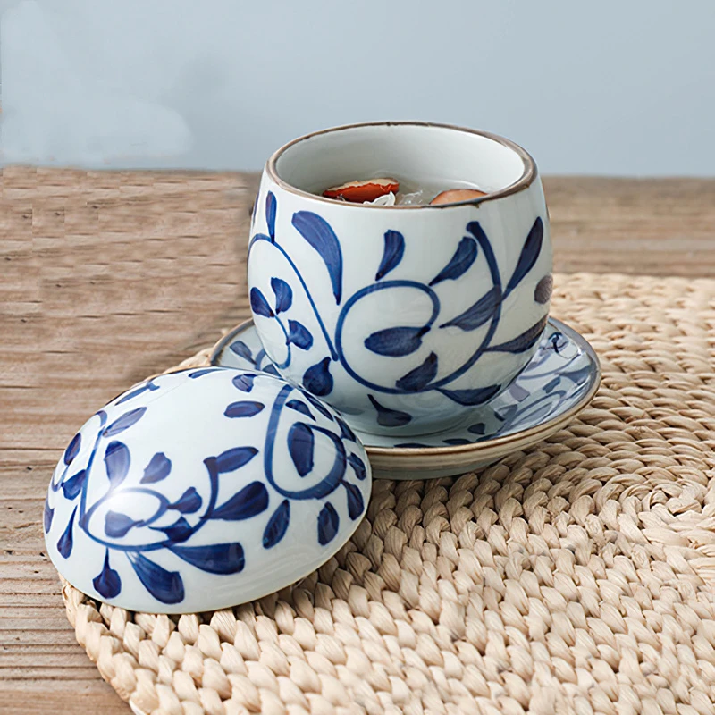 

Ceramic Cover Bowl Set Japanese Uncaria Small Stew Pot Kitchen Tableware Bird's Nest Cup Porcelain Steamed Egg Bowl Dropshipping