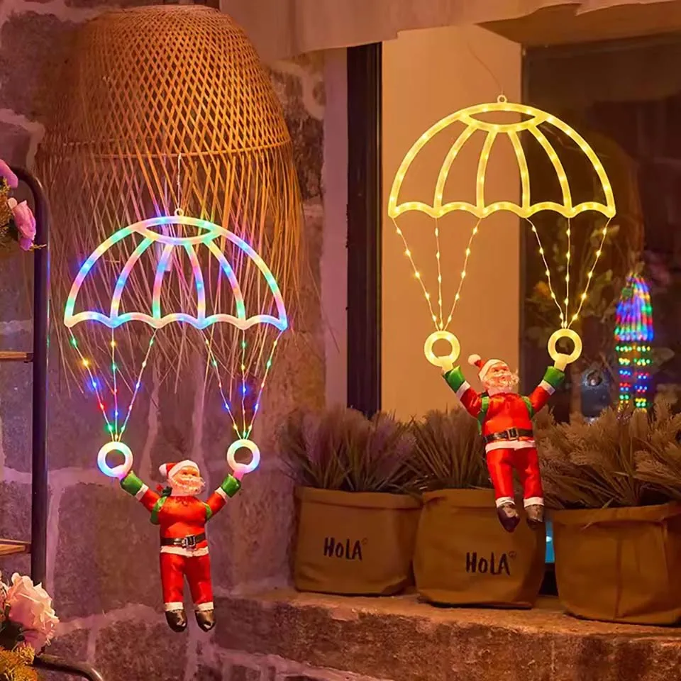 LED Christmas Parachute Lights with Santa Claus USB Powered for Roof Eave Balcony Garden Christmas Festival Atmosphere Decor