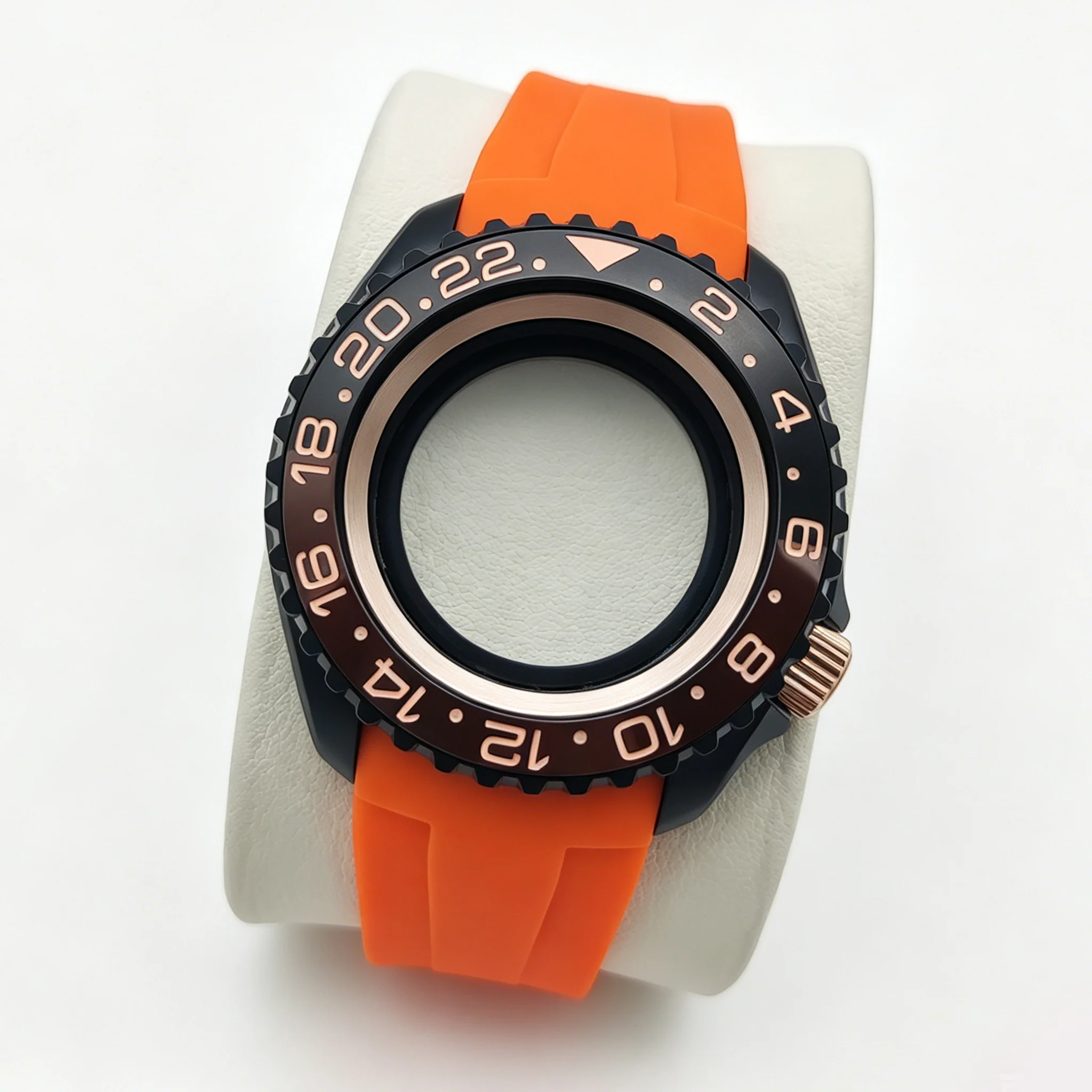 Orange watch with a 42mm diameter black matte stainless steel case, water-resistant, suitable for NH35/36 movement