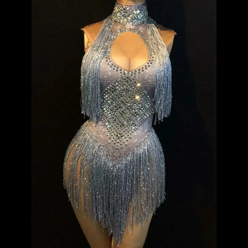 6 Colors Sparkly Rhinestones Tassel Leotard Nightclub Dance DS Show Stage Wear Stretch Bodysuit Party Female Singer Outfit