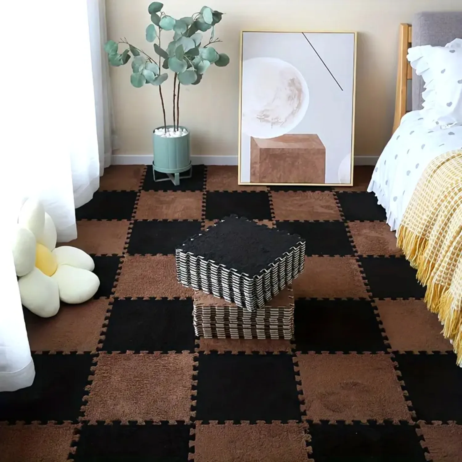 12-teiliges Puzzle, kurze Plüsch-Teppichmatte, rutschfest, wasserdicht, ineinandergreifend, für Bodenfliesen, Wohnzimmer, Schlafzimmer, Dekoration
