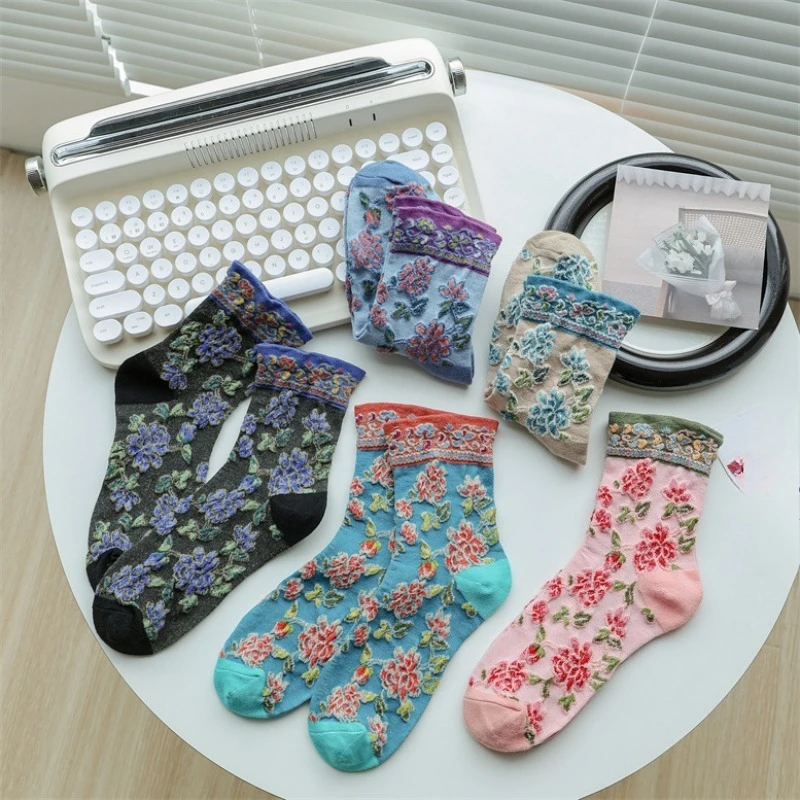 5 paia di calzini a fiori tridimensionali retrò primavera autunno moda etnica calzini da donna color block calzini comodi da donna