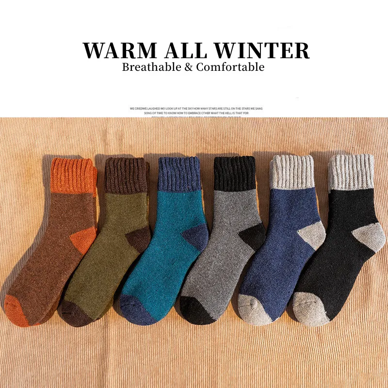 5Pairs/Wool Socks Winter Men\'s Super Thick Merino High Quality Wool Fashion Color Casual Warm Mid-tube Socks Plus Size EU38-46