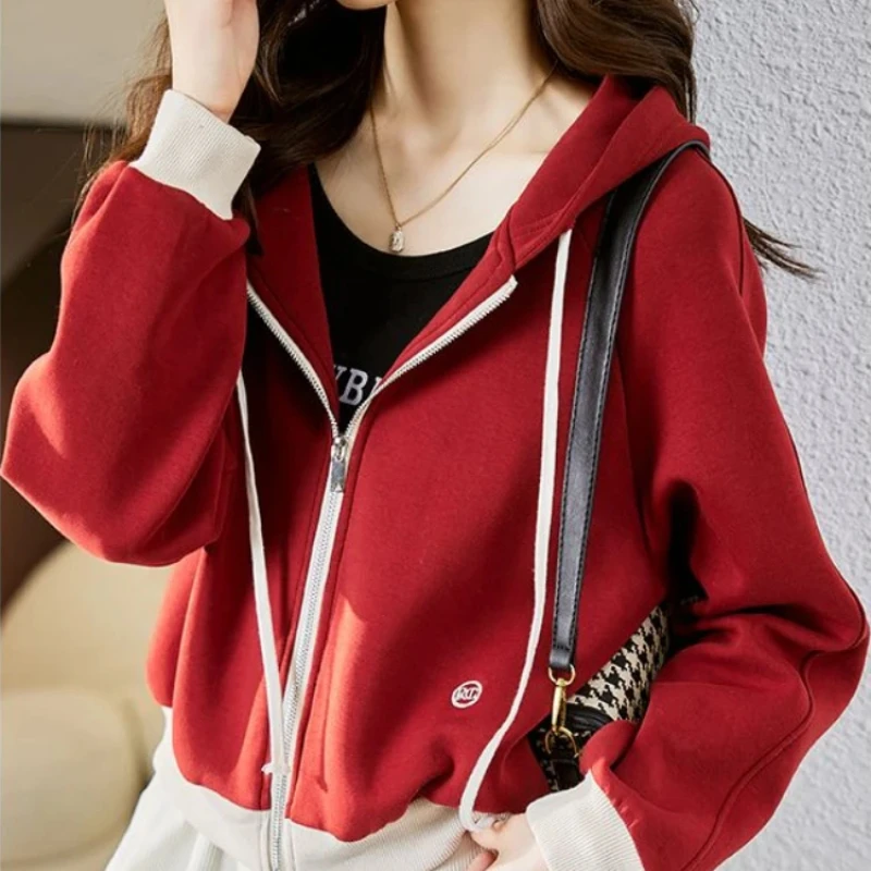 Hoodies Cotton Woman Tops Spring and Autumn Red Hooded Sweatshirt for Women Korean Clothing Basic Emo 90s Vintage Y 2k Casual - view 5
