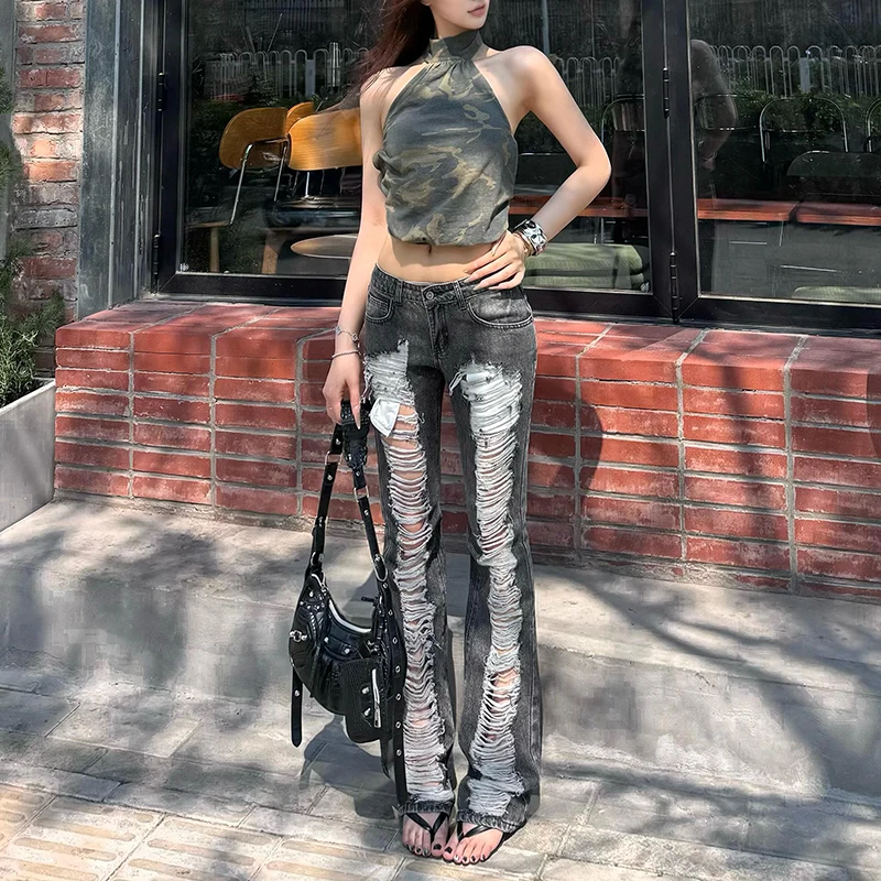 Mulheres streetwear vintage baixo aumento rasgado jeans 2025 harajuku clássico magro calças jeans y2k americano retro