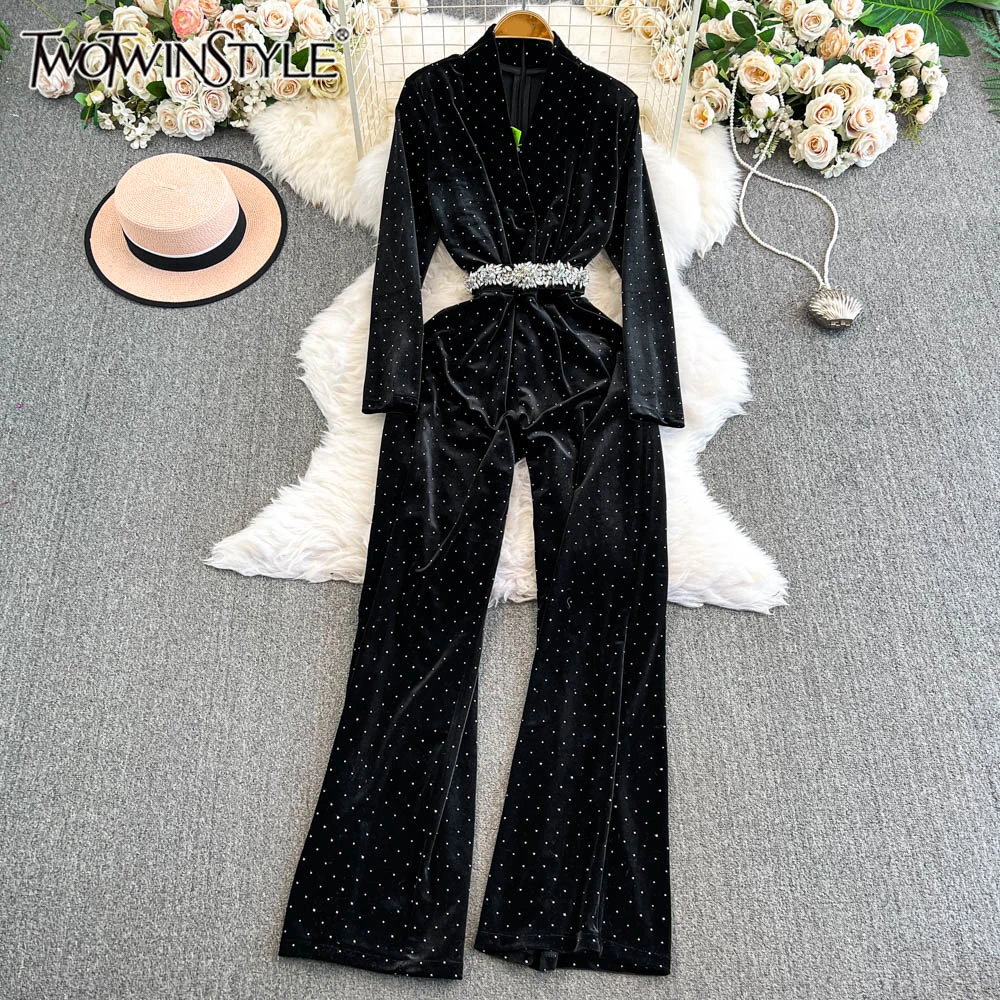 TWOTWINSTYLE Patchwork Belt Chic Jumpsuit For Women V Neck Long Sleeve High Waist Loose Wide Leg Jumpsuits Female New KJU517434