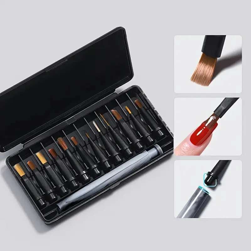 

12pcs Nail Art Brush Set with Press Dispenser Nail Brushes Replacement Heads Nylon Hair Drawing Pen Phototherapy Manicure Brush