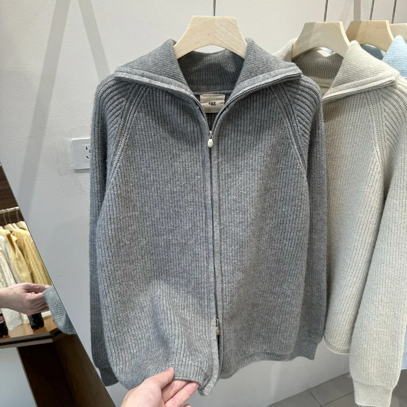 가을 신상 여성용 한리 한치 더블 지퍼 라펠 긴 소매 니트 가디건 심플하고 다재다능하며 까다롭지 않고 패셔너블하다