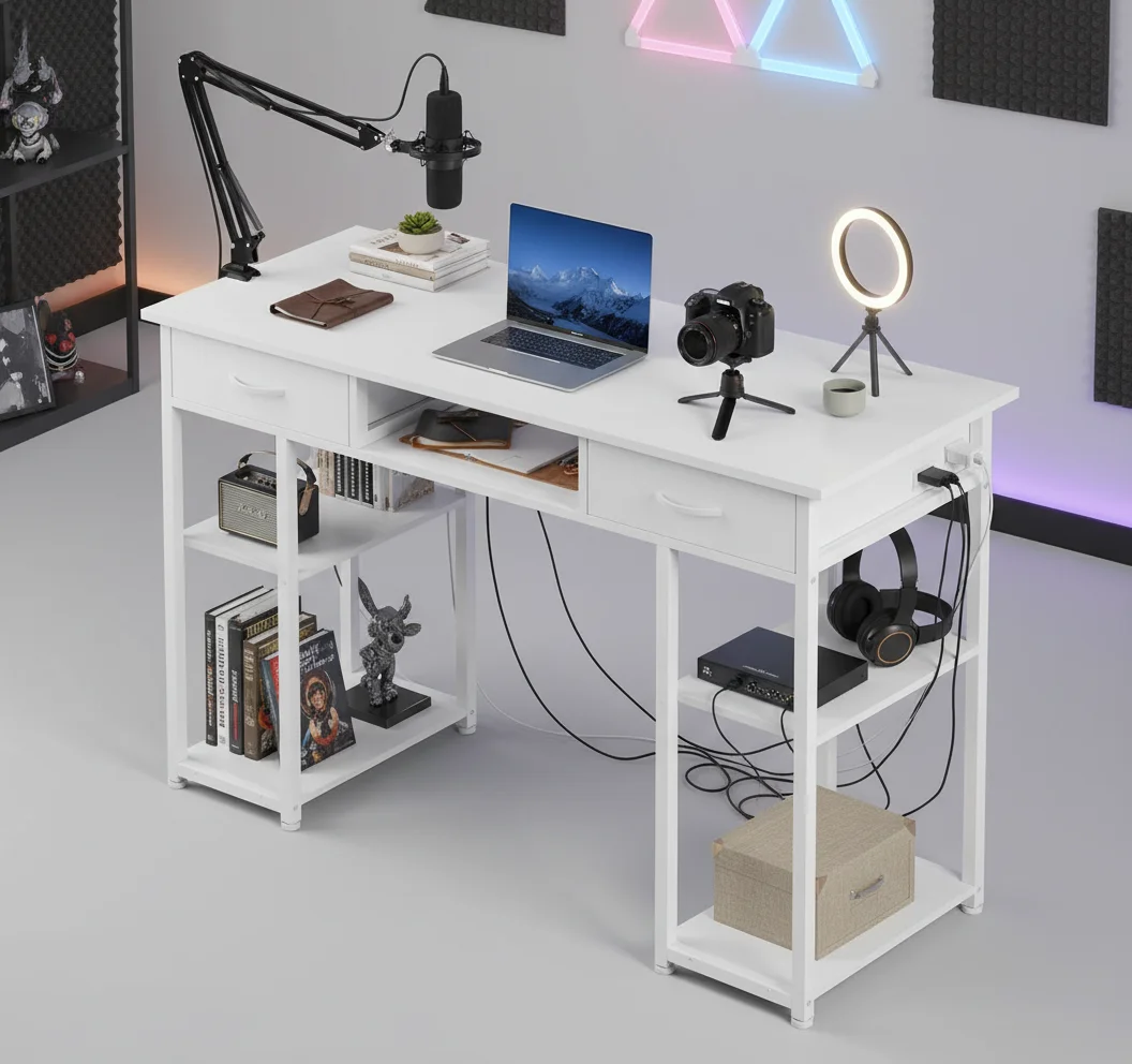 Gaming Desk with Storage Drawers, Spacious Study & Workstation Table for Dorm Rooms or Home Offices