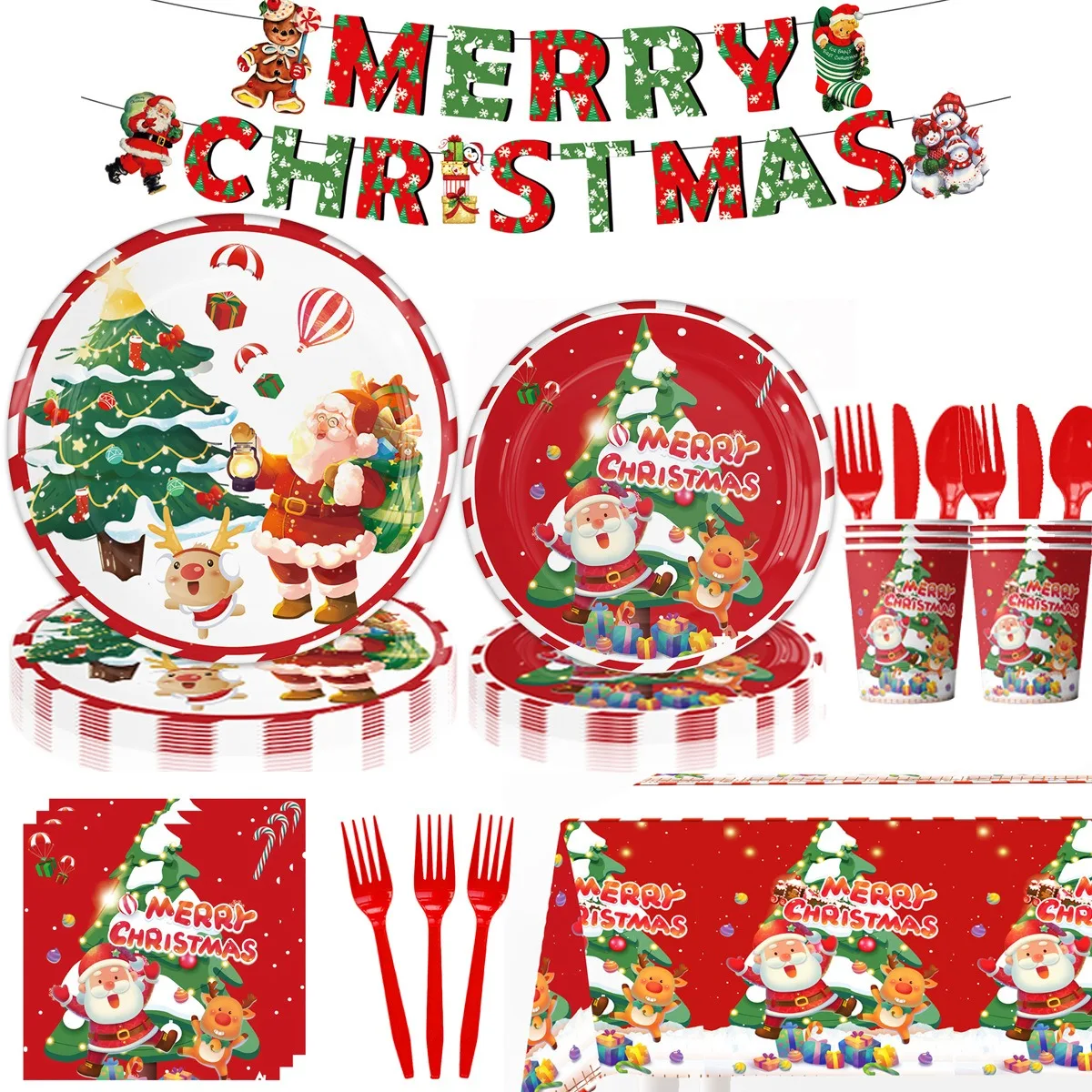 2024 Christmas Santa Claus Disposable Tableware Cartoon Straw Fork Knife Gifts Bag Merry Christmas Decorations for Home Navidad