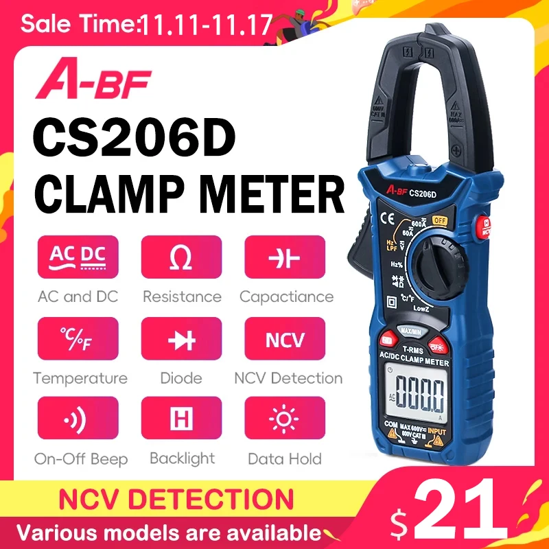 

A-BF Digital AC/DC Clamp Meter True RMS Auto Range Multimeter MAX/MIN NCV Current Voltage Temp Capacitor Tester CS206B/CS206D