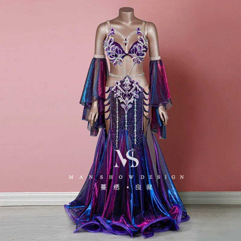 Customized Belly Dance Costumes Performance Dress Sparkling Colorful Fish Tail Long Dress Fairy Sleeve Set