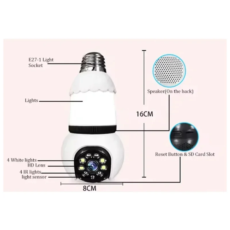 A29F-Lamp Bulb Wifi Camera 8MP 32G Memory Card Smart IP Surveillance Two-Way Audio Color Night Vision 360 Degree AI Tracking
