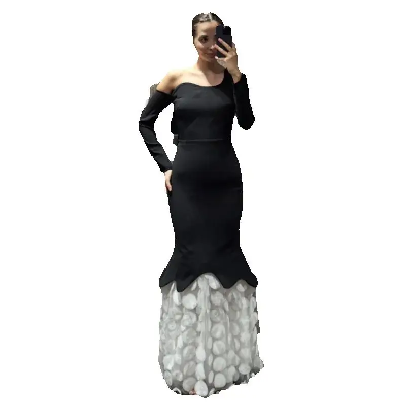 فستان سهرة مخصص على شكل حرف A بطول الأرض وكتف واحد وأكمام طويلة فستان حفلات بسيط على الموضة ثنيات بدون ظهر