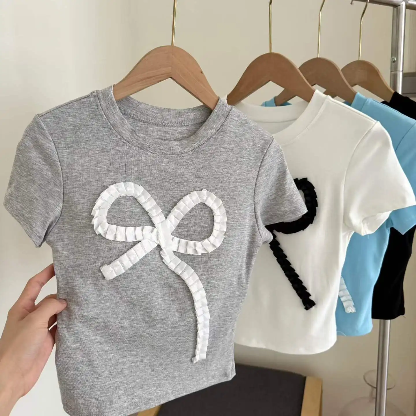 Sweet  Knot Splice round Neck Short Sleeve T-Shirt Women Slimming Integrated with Chest Pad Short Style Nylon Fabric