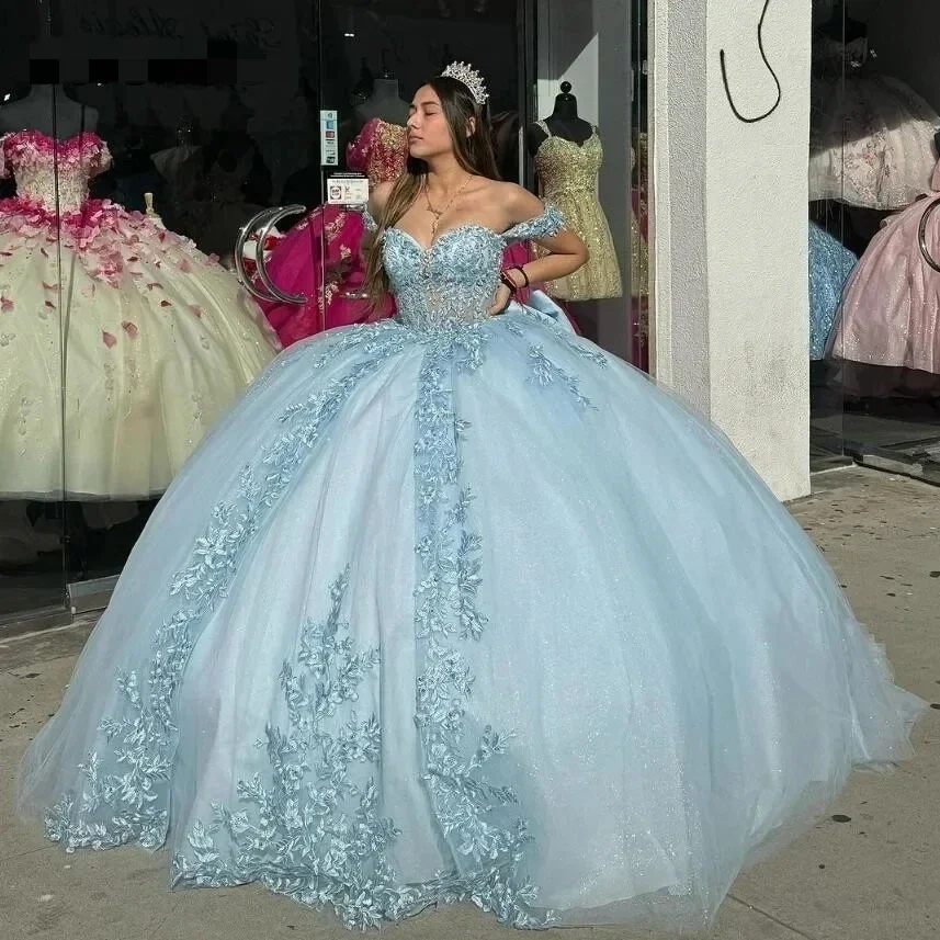 ANGELSBRIDEP Light Blue Quinceanera Dresses With Bow Beading Lace Appliques Vestidos De 15 Anos Formal Birthday Party Customized