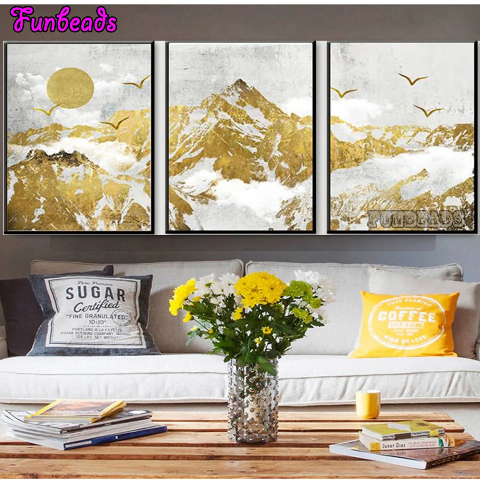 Nordic Abstract Landscape 3 Pieces Diamond Embroidery Handmade drill Square 5d Diy Diamond Painting Golden Mountain birds TT6582