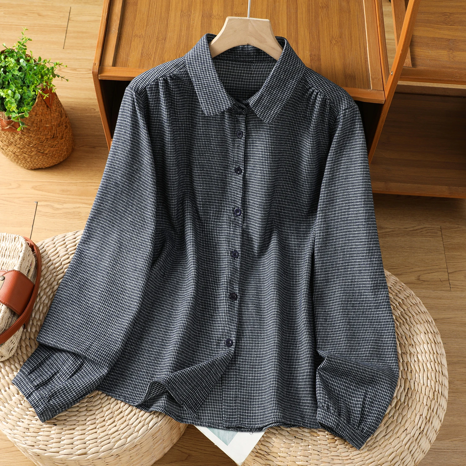 

Spring 2026 Women's plus Size irt Faionable Retro Plaid Turn-down Collar Casual Outerwear Regular Sve Length Collar