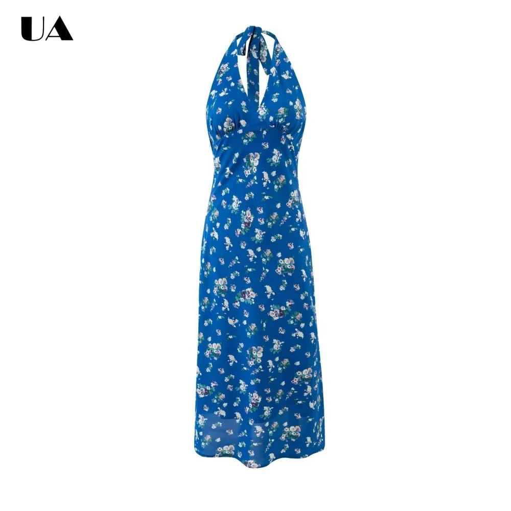 

Fashionable Printed Lace-up Halterneck Midi Dress Vacation Style Sleeveless Long Dresses for Women Trendy Backless Summer Dress