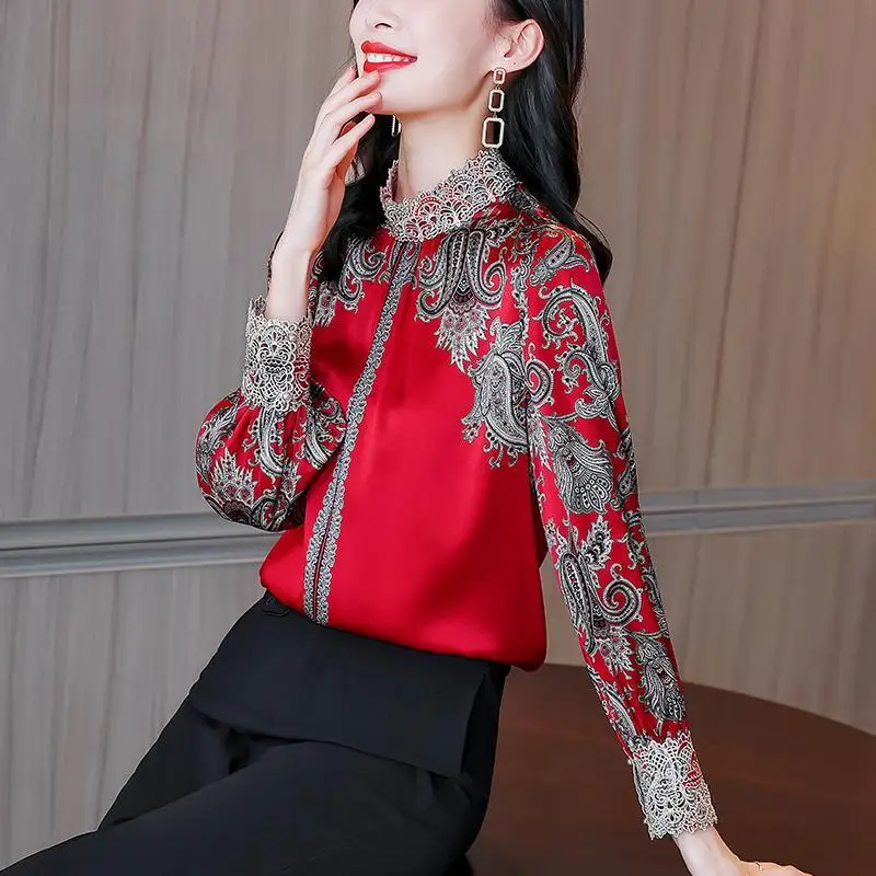 Vintage Elegant Fashion Lace Patchwork Printed Shirt Spring Autumn 2023 New Stand Collar Long Sleeve Loose Tops Women\'s Clothing