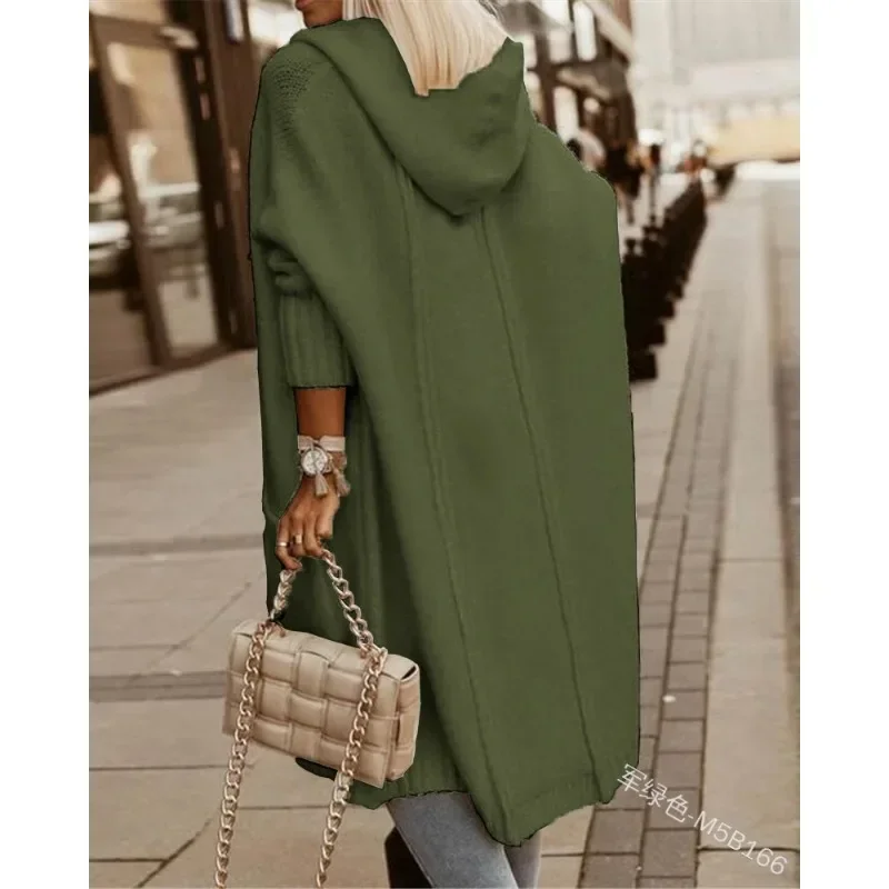 Women Knitted Hooded Cardigan Sweater Top Elegant Fashion Solid Color Long Sleeve Loose Pocket Outwear Coat Y2K Clothes