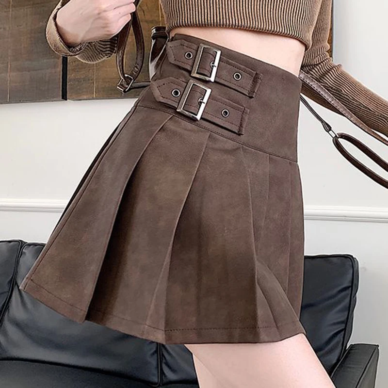 High waisted spicy girl style midi skirt for women in autumn,  pleated skirt  leather  Regulai Fit  korean fashion clothing