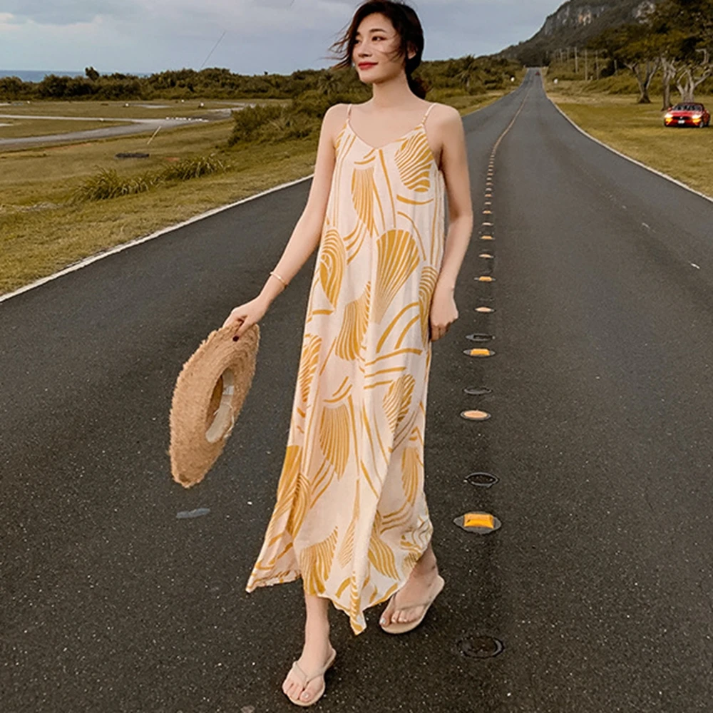 

Female Summer Bohemian Dress Loose Casual Beach Holiday Dress Slip Beach Dresses