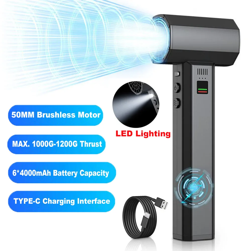 

Powerful Car Violent Air Blower Handheld Turbo Jet Fan With LED Lighting Brushless Motor High Speed Duct Fan 4000mA 1200G Thrust