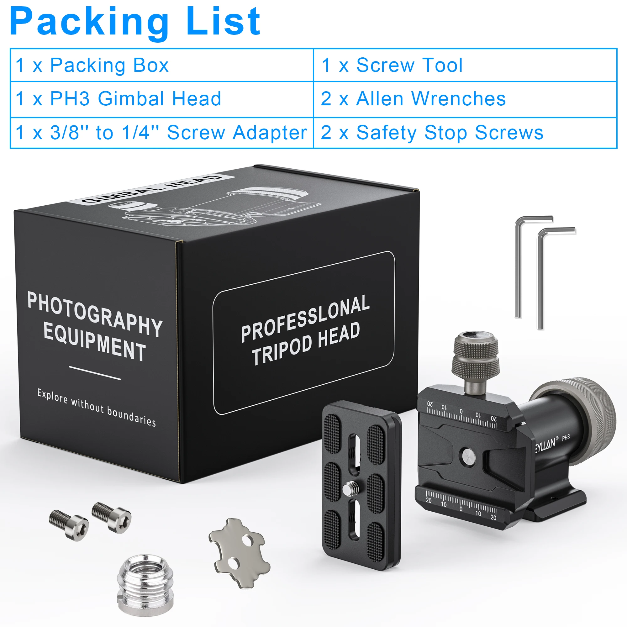 WEYLLAN PH3 Gimbal Head for Monopod Tripod Long Telephoto Lenses Metal Low Profile Ball Head with Arca Swiss Quick Release Plate