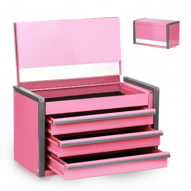 1pc Pink Mini Steel Tool Box with 3 Drawers, Portable Micro Top Chest with Magnetic Locking and Liner