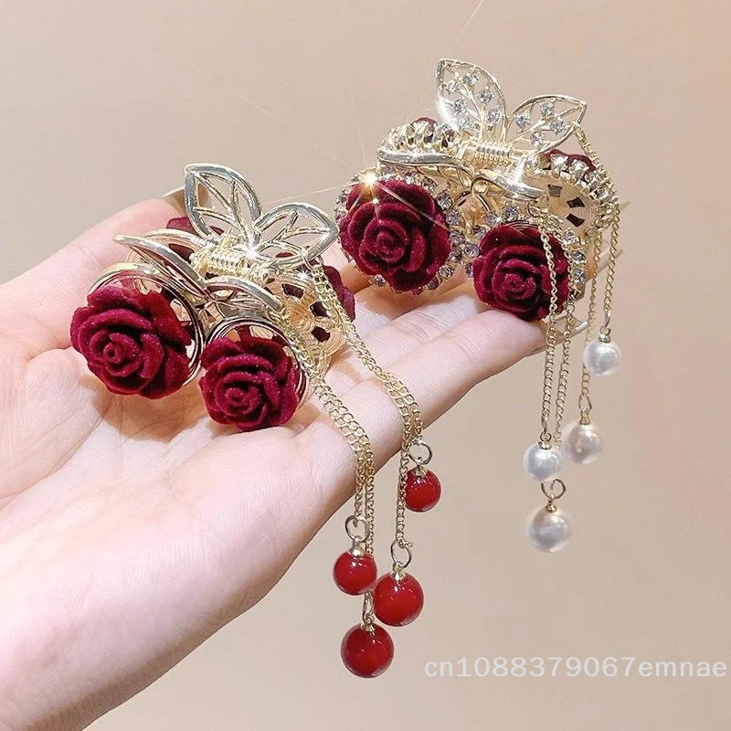 

[ZYAS] Vintage Elegant Flocked Rose Tassel Hair Clip Stylish Ponytail Claw Crab Clip For Girls Women Delicate Hair Accessories