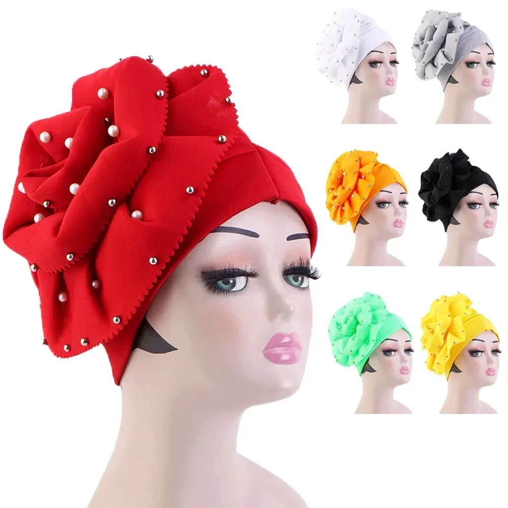 Big Flower Turban Bonnet for Indian Women Muslim Hijab Headscarf Caps Wedding Party Headwear Turbante Mujer African Headtie Hat