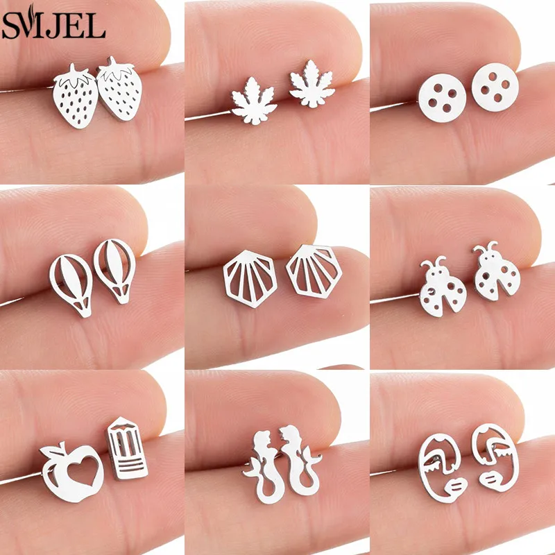 Stainless Steel Geometric Earings Fashion Jewelry Cute Strawberry Mermaid Scarab Button Ear Studs Piercing Jewelry Brincos