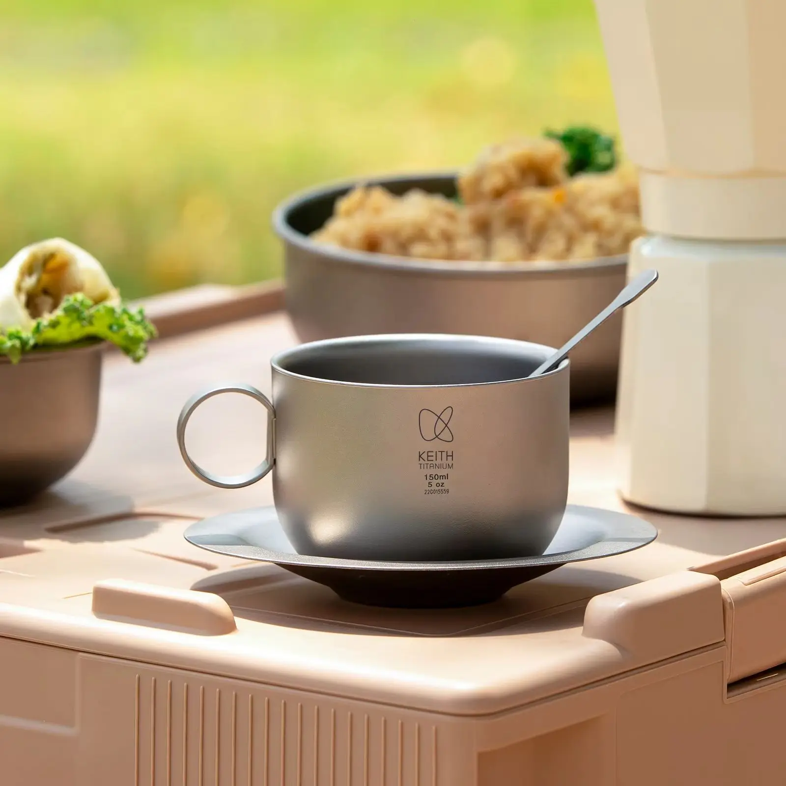 Keith Titanium 3 in 1 Pure Titanium Coffee Cup Set Double Wall Mug with Saucer & Spoon 150ml Ultralight Camping Tableware