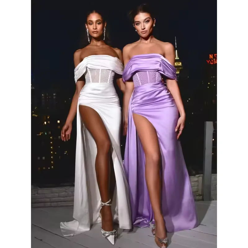 

Customized Satin Prom Dress Backless Short Sleeved Sheer Corset Cocktail Party Dress Sexy Side Slit Formal Evening Dresess