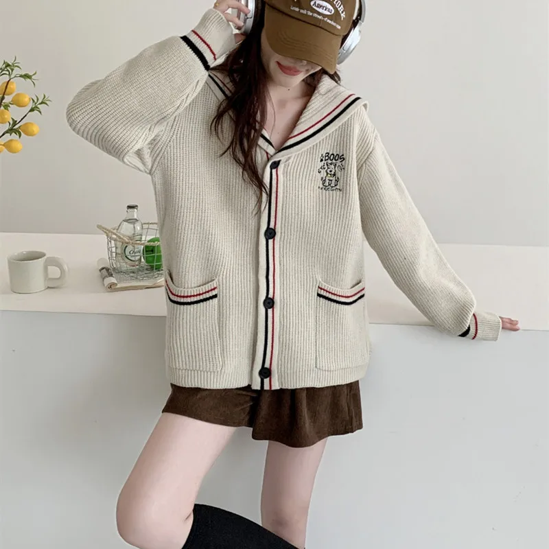 Cartoon Letter Embroidery Knitted Open Cardigan Casual Navy Collar Women's Sweater Autumn Winter New Sle Simple Leisure Swe...