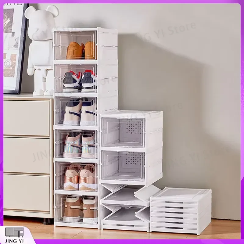 6 Tier White Shoe Storage Cabinet with Clear Doors Stackable Dustproof Footwear Organizer for Home Office Closet Space Saving