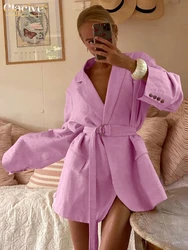 Clacive Fashion Loose Pink Cotton Women's Dress 2025 Casual Lapel Long Sleeve Mini Dresses Elegant Classic Lace-Up Female Dress