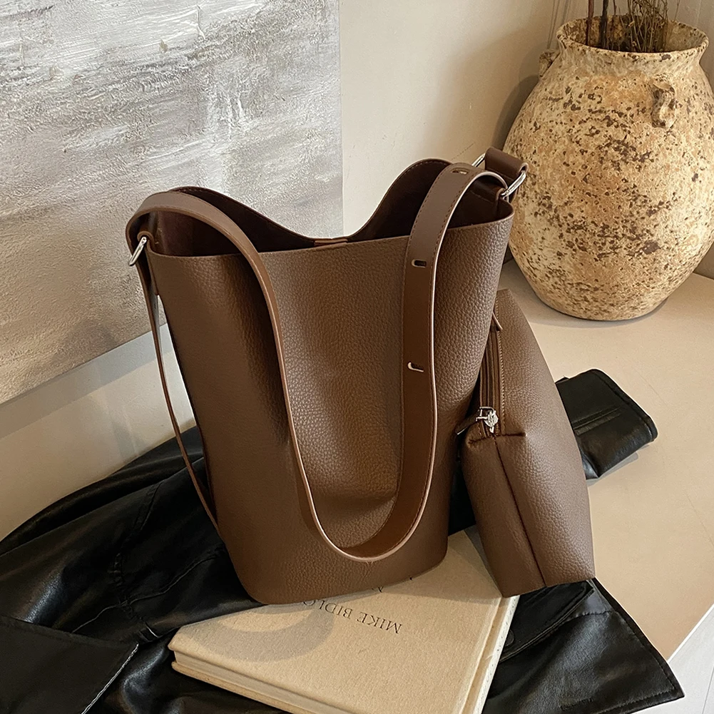 

Женская сумка-ведро с регулируемым ремнем, сумка через плечо из веганской кожи с внутренним карманом, однотонная сумка для работы, путешествий