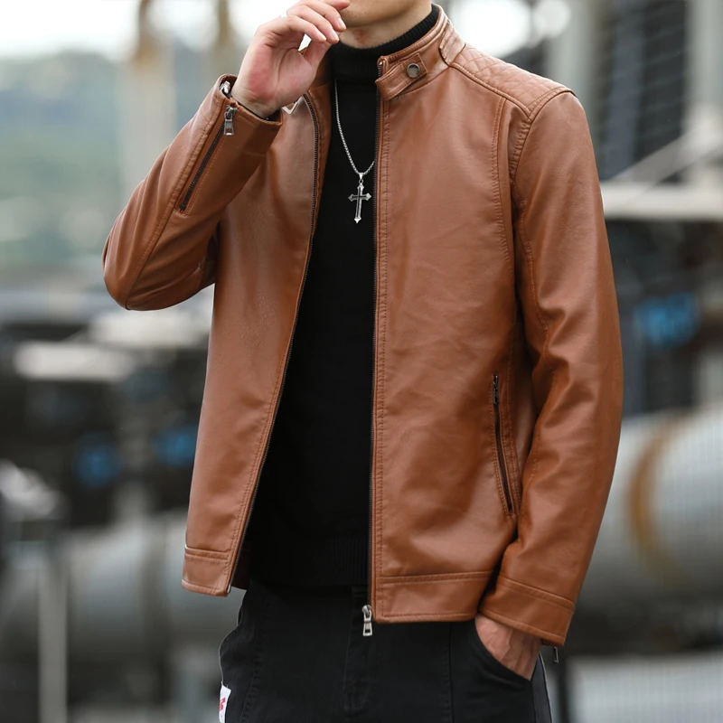 

Motorcycle PU Leather Jacket Male Stand Collar Casual Windbreaker Trendy Mens Clothing Fashion Coat Men Spring Leahter Jacket