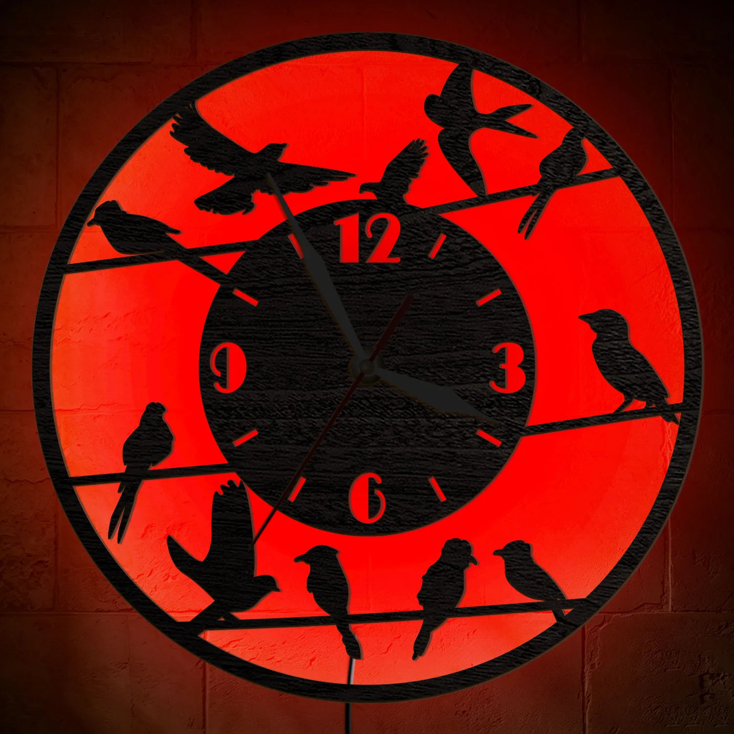 Birds On Wire Silhouette LED Night Light Wall Clock for Farmhouse Cottage Nature Avian Home Decor Clock RGB Multi Color Changing