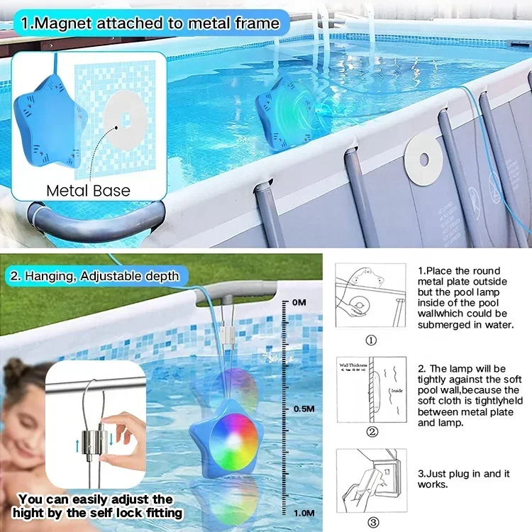 20W Ip68 Dc12V Above Ground Pool Lights Smart App Music System Control Rgb Portable Magnetic Led Pool Lights