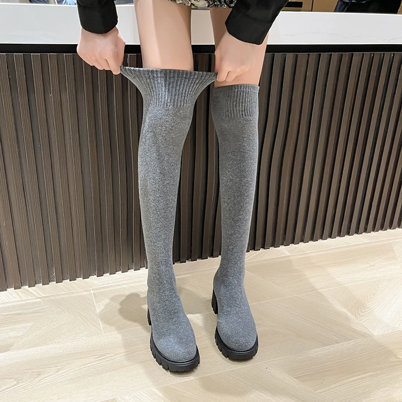 Women Boots Sexy Slim Over The Knee Stretch Sock Autumn Spring Winter Thick Long Anti-slip Platform Comfortable Night Club Shoes