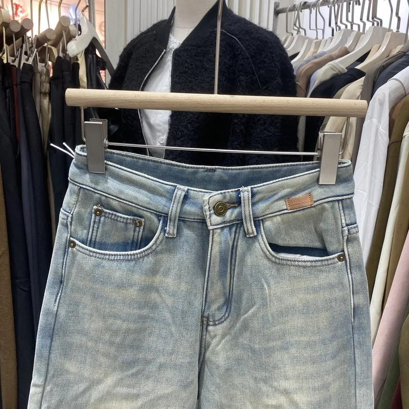 Retro Washed High Waist Stretchy Fleece Lined Denim Harem Pants Women's Winter Nine Points Flip  Dad Pants Korean Style