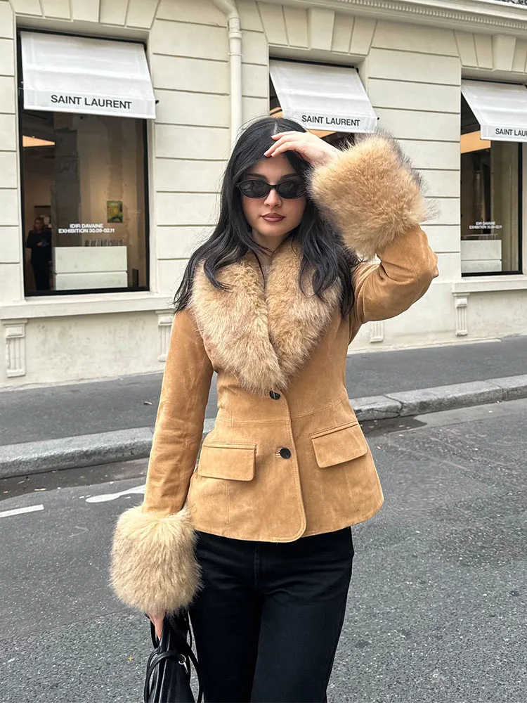 

HH женская мода с длинными рукавами, однобортное украшение с карманами, замшевая куртка со съемными меховыми лацканами, женская уличная одежда, пальто для отдыха