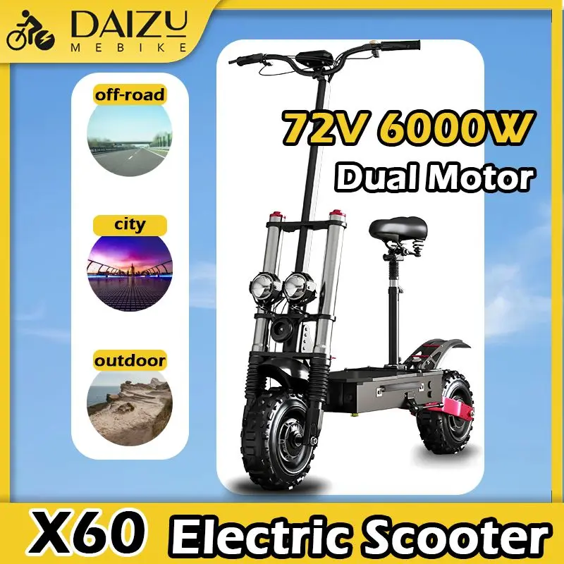 X60 Electric Scooter 72V 6000W Dual Motor Powerful Electric Kick Scooter Off Road Tire 80KM/H e Scooter 100km Long Range