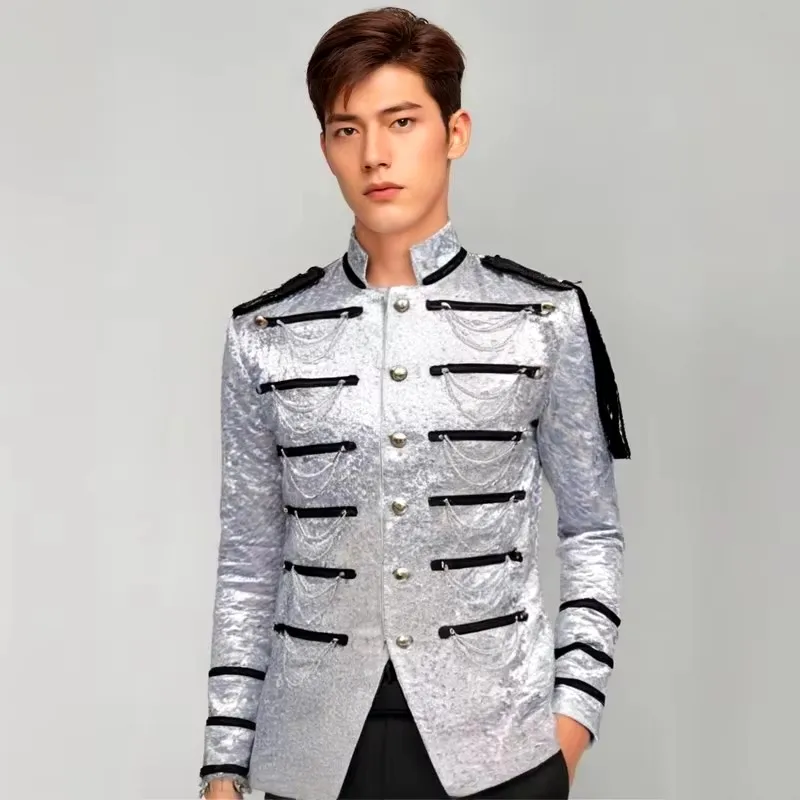 ผู้ชาย Party Prom Tuxedo เสื้อสูทนักร้องบาร์คอนเสิร์ตแสดงเวทีเครื่องแต่งกายสีดําเลื่อมเงินโซ่โลหะ Blazer Jacket