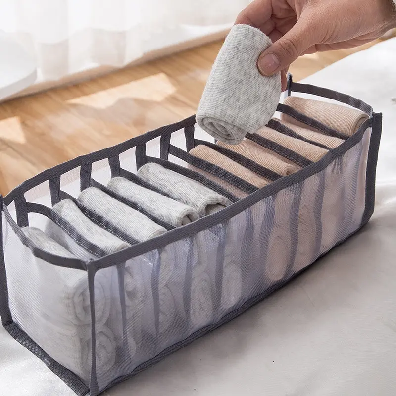 Portable 11 Compartment Collapsible Underwear Storage Box Breathable Mesh Nylon Organizer for Home Dormitory Bra Socks Traveling