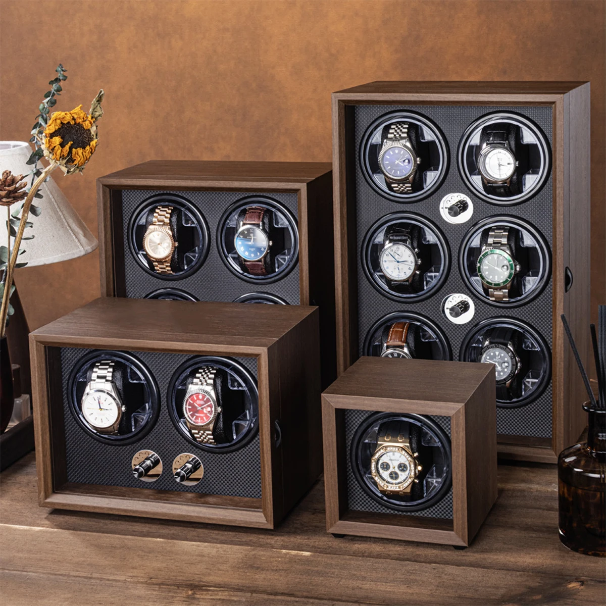 

1/2/4 Slots Watch Shaker Wooden Box USB Watch Winder for Automatic Watches Super Motor Blue LED Light Jewelry Store Display Box