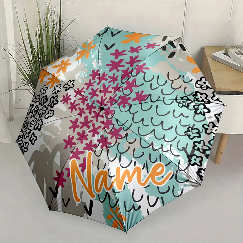 Custom Name Umbrella Colorful Floral Umbrella in Bedroom Print 8 Iron Ribs Folding Umbrella Auto-Open Fashion Sunshade